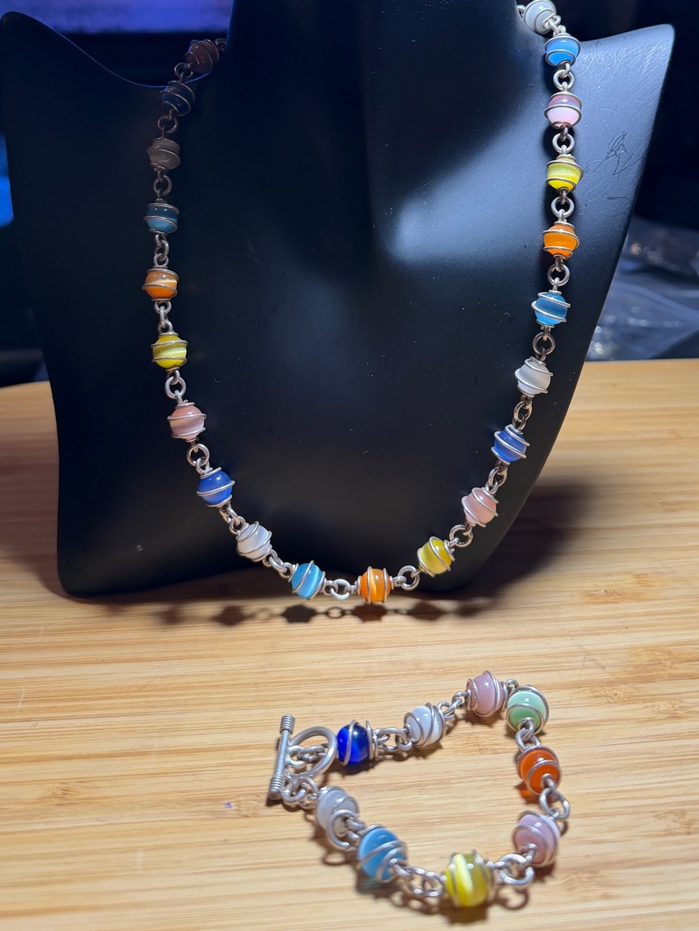 Vintage 925 Sterling Silver Wire Wrapped Multi Color Cat Eye Jewelry Set